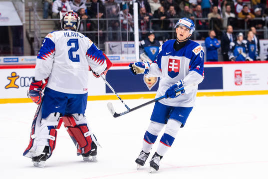 Goalkeeper Samuel Hlavaj and David Mudrak of Slovakia