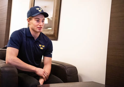Nils Höglander of Sweden is interviewed by the media at a