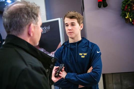 Nils Lundkvist of Sweden is interviewed by the media at a