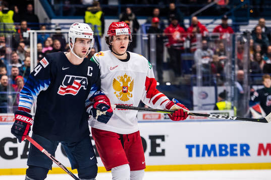 Mattias Samuelsson of USA and Dmitri Voronkov of Russia