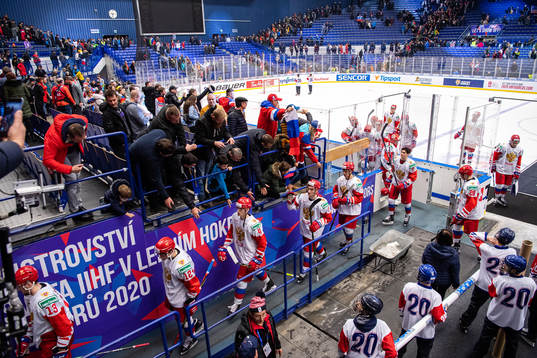 Players of Russia leave the rink