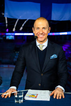 Erik Granqvist of Swedish broadcaster Viasat pose for a