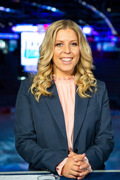 Erica Karlsson of Swedish broadcaster Viasat pose for a