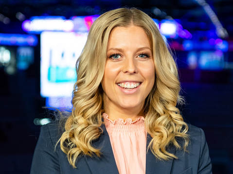 Erica Karlsson of Swedish broadcaster Viasat pose for a