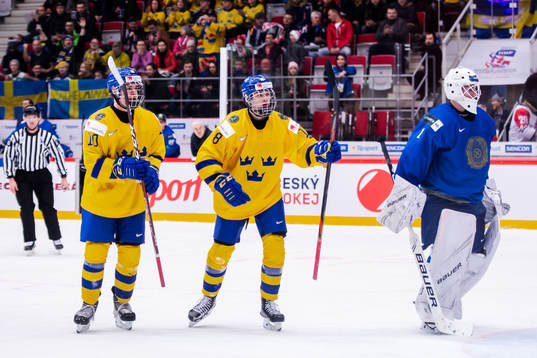 Alexander Holtz and Lucas Raymond of Sweden celebrate