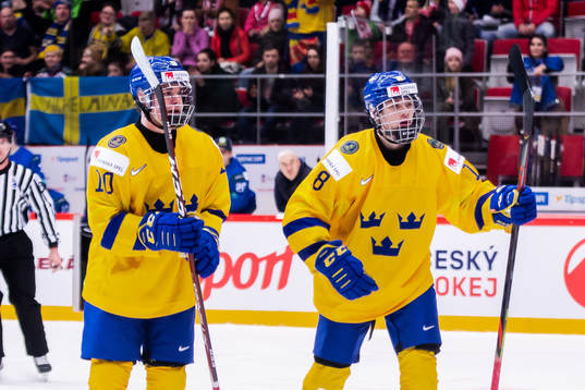 Alexander Holtz and Lucas Raymond of Sweden celebrate