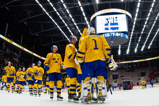 Players of Sweden celebrate with goalkeeper Jesper Eliasson
