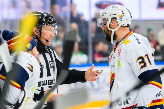 Linjedomare Henrik Pihlblad och Djurgårdens Dick Axelsson