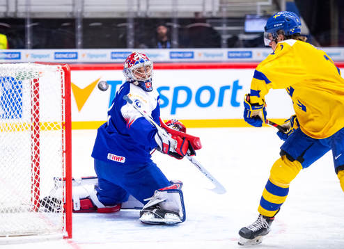 Samuel Fagemo of Sweden against goalkeeper Samuel Hlavaj of