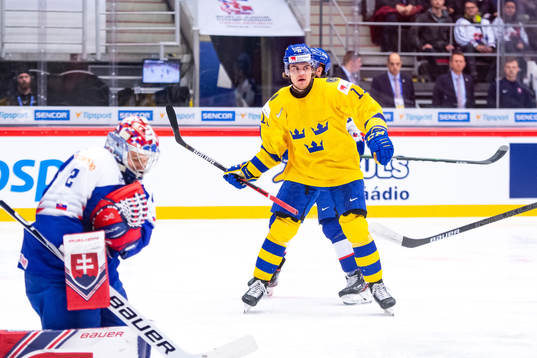 Samuel Fagemo of Sweden against goalkeeper Samuel Hlavaj of