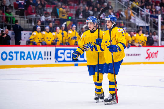 Nils Lundkvist and Samuel Fagemo of Sweden celebrate the