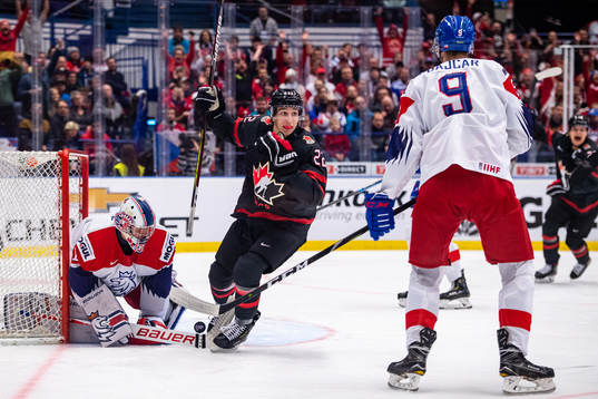 Dylan Cozens of Canada celebrates the 1-0 goal by Joe