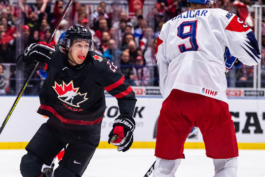 Dylan Cozens of Canada celebrates the 1-0 goal by Joe
