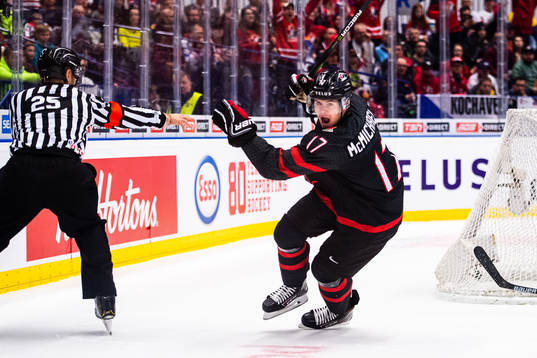 Connor McMichael of Canada celebrates the 4-0 goal