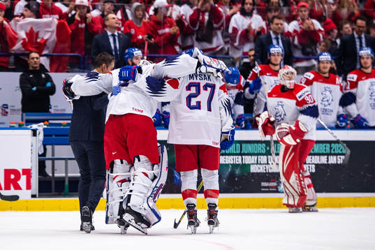 Goalkeeper Lukas Parik of Czech Republic leaves the ice in