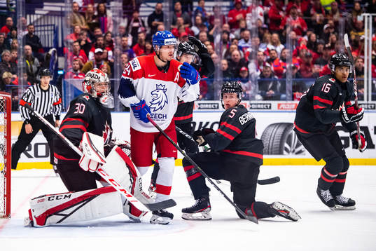 Petr Cajka of Czech Republic against goalkeeper Joel Hofer,