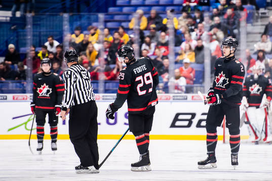 Nolan Foote of Canada receives a game misconduct