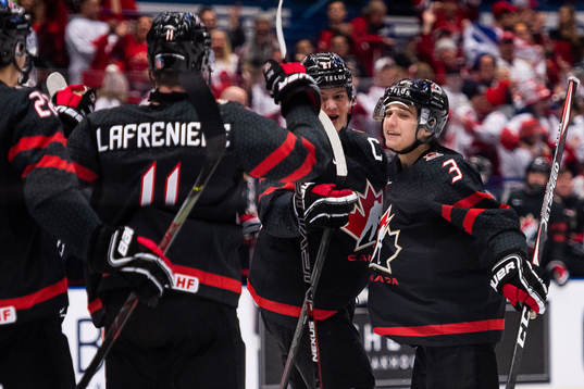 Barrett Hayton and Calen Addison of Canada celebrate the