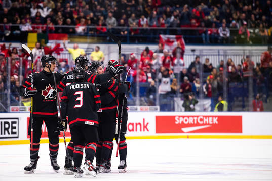Alexis Lafreniere of Canada celebrates the 1-0 goal by