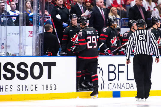 Nolan Foote of Canada receives a game misconduct