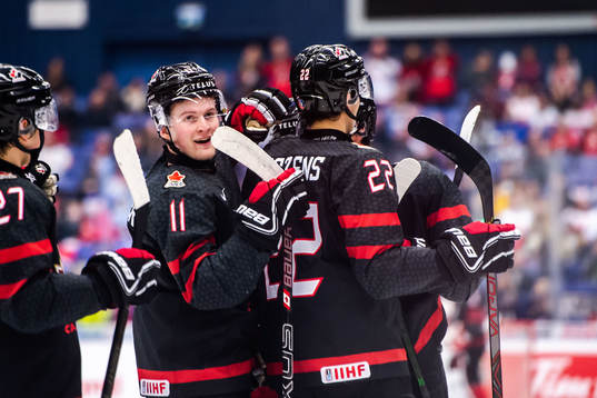 Alexis LaFreniere of Canada celebrate the 2-0 goal by