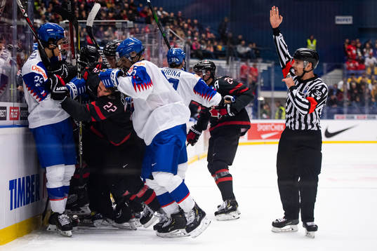 Dylan Cozens of Canada fights Michal Mrazik of Slovakia