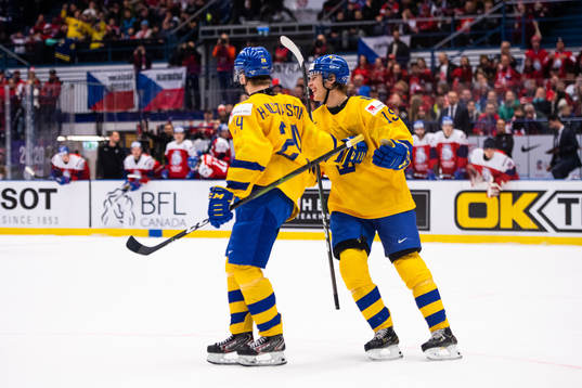 Hugo Gustafsson and Oskar Bäck of Swedens celebrate the