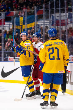David Gustafsson of Sweden celebrates the 5-0 goal