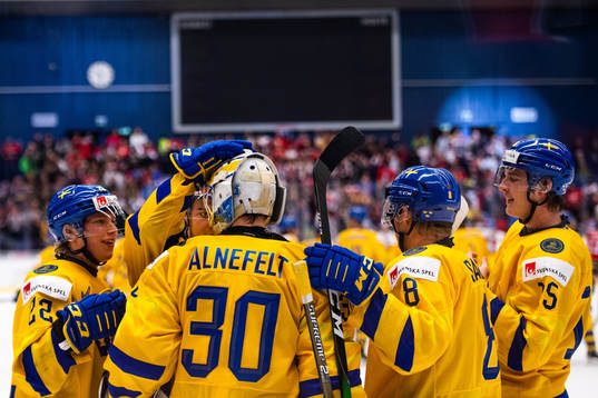 Players of Sweden celebrate with Goalkeeper Hugo Alnefelt