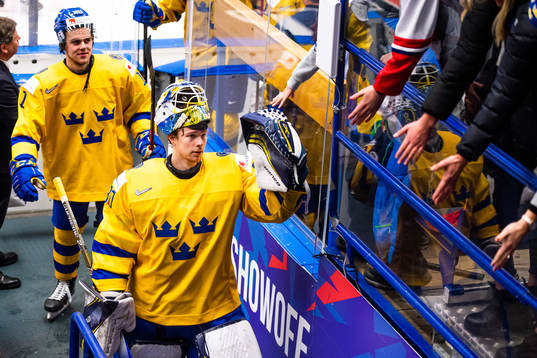 Samuel Fagemo and goalkeeper Hugo Alnefelt of Sweden