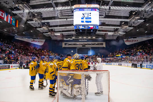 Players of Sweden celebrate with goalkeeper Hugo Alnefelt