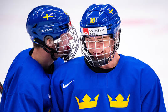 Lucas Raymond and Alexander Holtz of Sweden at a practice