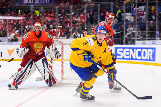 Goalkeeper Yaroslav Askarov of Russia and Rasmus Sandin of