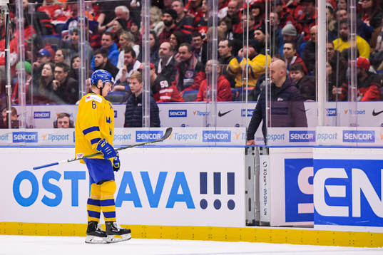 Rasmus Sandin of Sweden looks dejected