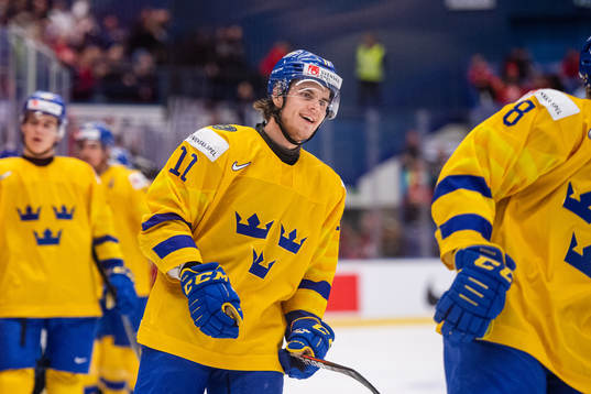 Samuel Fagemo of Sweden celebrates the 3-3 goal by Rasmus
