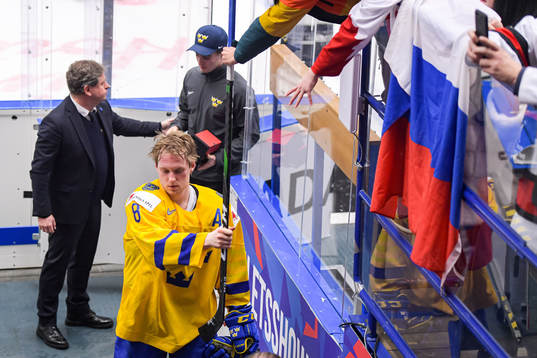 Rasmus Sandin of Sweden looks dejected