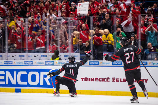 Alexis Lafreniere of Canada celebrates the 2-0 goal