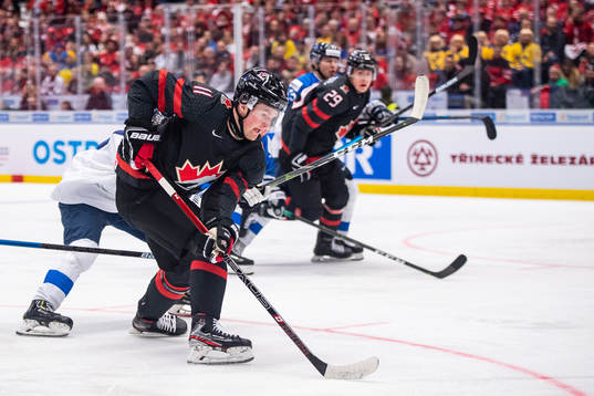 Alexis Lafreniere of Canada scores the 2-0 goal