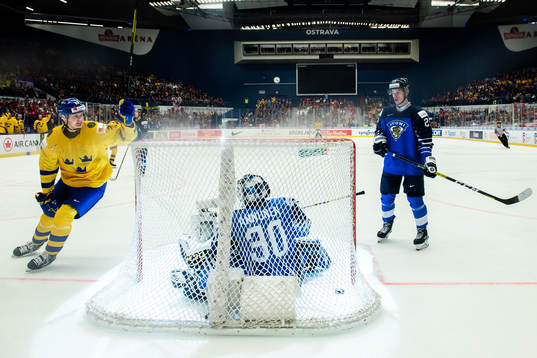 Albin Eriksson of Sweden celebrates the 3-2 goal by Linus
