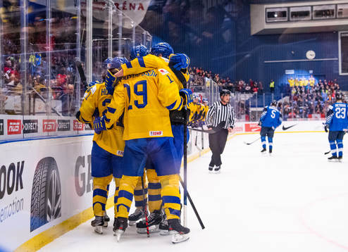 Players of Sweden celebrates the 2-2 goal by Samuel Fagemo