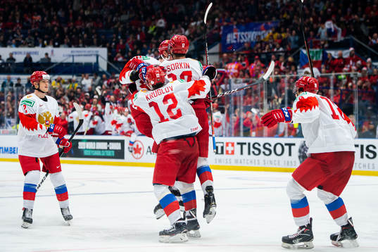 Maxim Sorkin of Russia celebrate with teammates