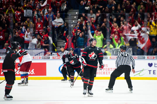 Barrett Hayton of Canada celebrates