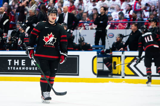 Bowen Byram of Canada looks dejected