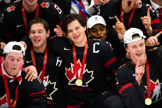 Barrett Hayton of Canada celebrates