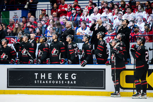 Players of Canada awaits a video review of Russia’s 0-1