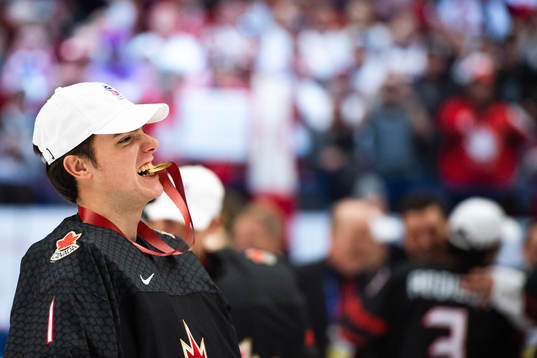 Goalkeeper Nicolas Daws of Canada celebrates