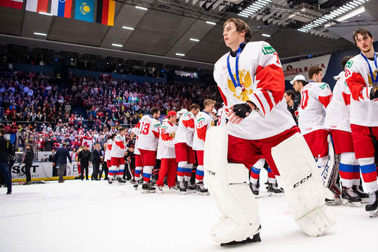Goalkeeper Amir Miftakhov of Russia  looks dejected