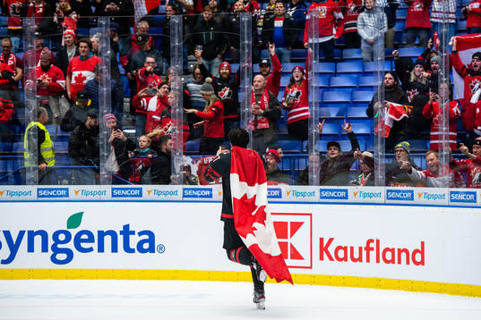 Barrett Hayton of Canada celebrates