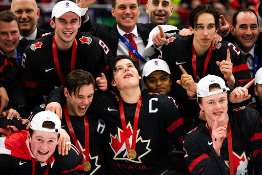 Barrett Hayton of Canada celebrates