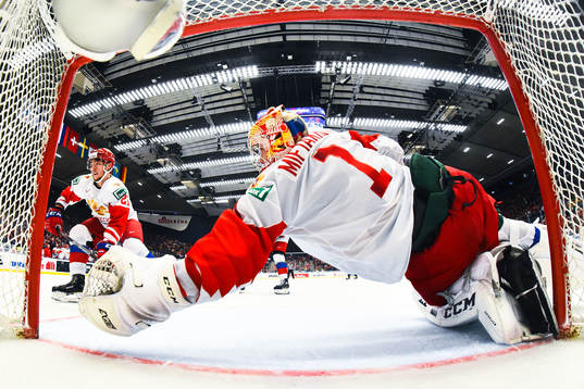 Goalkeeper Amir Miftakhov of Russia with a save